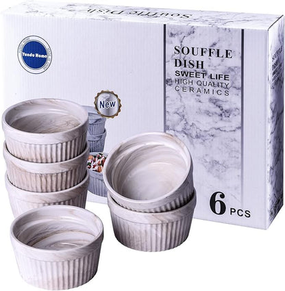 Yundu 8 Ounce Cream Marble Ceramic Ramekins - Perfect for Creme Brulee, Oven Safe, Baking & Souffle - Set of 6