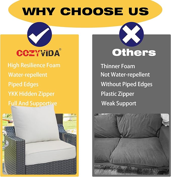 COZYVIDA Outdoor/Indoor 24x27.5 inch Deep Seat Patio Cushions Set of 2 Resilient Foam Filling Water Repellent Stain-Resistant UV Resistant Weather Resistant Patio Cushions Almond
