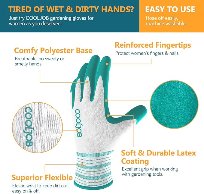 COOLJOB 6 Pairs Gardening Gloves for Women Ladies, Breathable Rubber Coated for Yard Garden, Outdoor Indoor Protective Work with Grip, Medium Size, Red & Green
