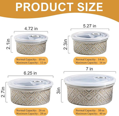 Ceramic Mixing Bowls with Lids Set of 4, Embossed Nesting Storage Bowls for Cooking, Serving, Salad, Popcorn etc, Microwave and Dishwasher Safe, Baking Dishes 12/16/28/40 oz (Gray)
