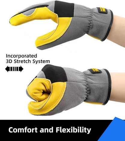 DULFINE Cowhide Leather Work Gloves for Men & Women, Reinforced Durable Gardening Gloves, Puncture & Cut Resistant