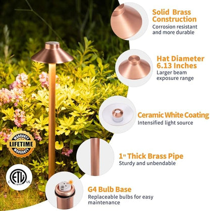 Gardenreet Brass Low Voltage Copper Garden Lights, Outdoor Pathway Light, 12V LED AC/DC Bronze Hat Top Path Lamp for Sideway House Walkway with 3W 270LM 5000K G4 Bulb 8 Pack