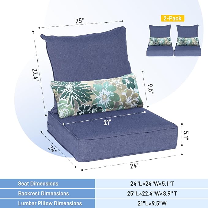 Aoodor Outdoor Chair Cushion, 24 x 24 Inch Water-Resistant, Fade-Resistant Olefin Fabric Patio Seat Cushions with Removable Cover and Adjustable Straps for Outdoor Furniture, Set of 2, Navy Blue