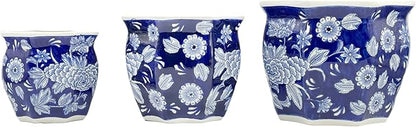 Galt International Dark Blue & White Round Fluted Floral Porcelain Ceramic Plant Flower Planter Pot Set of 3 (7.5", 10", 13") Garden Pots Chinese Asian Design