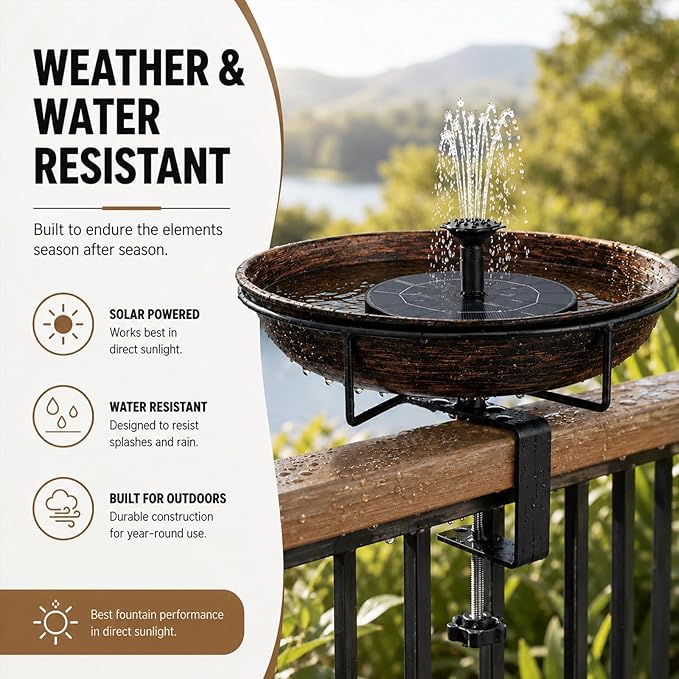 Deck Mounted Bird Bath with Solar Fountain Heavy Duty Metal Birdbath Bowl 1.45 Gallon 3.54" Adjustable Railing Clamp All Weather Outdoor Bird Feeder for Patio Fence Balcony Backyard