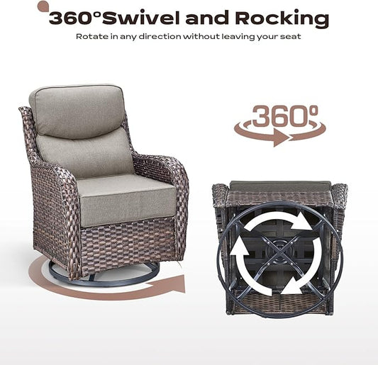 Rilyson Wicker Outdoor Patio Furniture Set - 4 Piece Patio Conversation Set with Swivel Rocker Chairs and Ottomans, 6 inch Cushions, High Back, Deep Seating, for Porch Deck Garden Brown/Beige