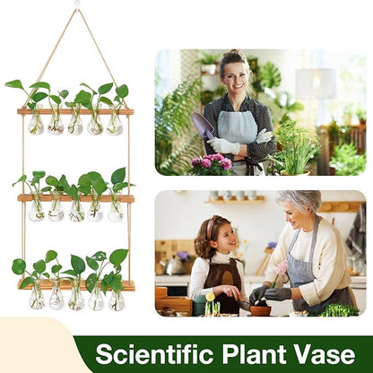 XXXFLOWER Wall Hanging Propagation Station with Wooden Stand 5 Bulb Vase 3 Tiers Planters Wall Terrarium for Home Office Plant Hanger Flower Vases Wall Decor