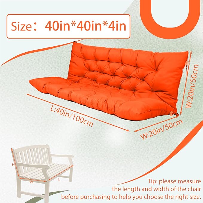 2/3 Seater Swing Replacement Cushion, Waterproof Porch Swing Cushions with Backrest, Thickened Bench Cushions for Outdoor Furniture, for Outdoor Patio Swing (Orange, 40 * 40 in)