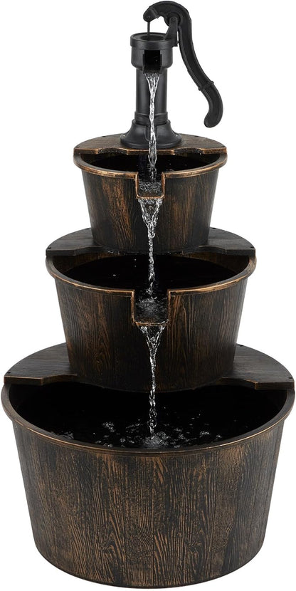 Alpine Corporation 40" Tall Outdoor Floor Tiered Rustic Pump and Barrel Water Fountain, Old-Fashioned Waterfall for Garden, Patio, Yard Decor, Dark Brown