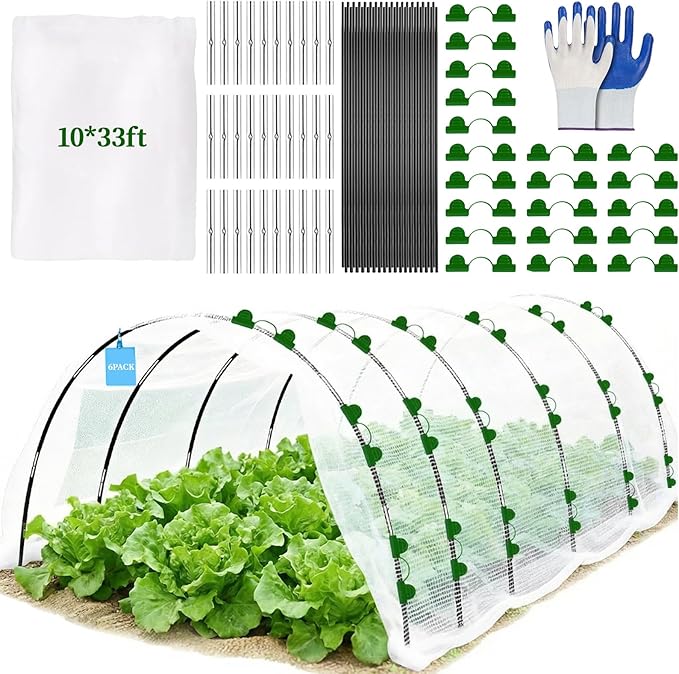 Garden Netting Kit for Raised Beds 10 x 33 FT Strong Mesh Netting 6 Sets of Fiberglass Garden Hoops Inscet Barrier Protection Net for Vegetable Plant Fruit Flowers