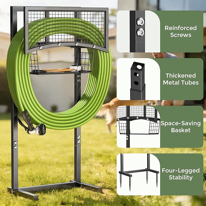 Garden Hose Holder Freestanding with Storage Basket, Holds Up to 165FT Hose, Heavy Duty Metal Water Hose Holder with 4 Anchor Spikes, for Yard, Lawn & Patio