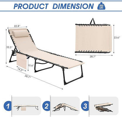 Flamaker Foldable Chaise Lounge Chair 5-Position Adjustable, Tanning Chair with Side Pocket, Outdoor Sunbathing for Pool, Beach, Patio, Lawn, Indoor Recliner Chair for Napping(Beige, 1 Pcs)
