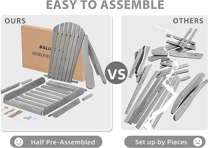 SoliWood Outdoor Wooden Folding Adirondack Chair Set of 6 with Pre-Assembled BackRest, Wood Patio Chair for Garden Backyard Porch Pool Deck Firepit