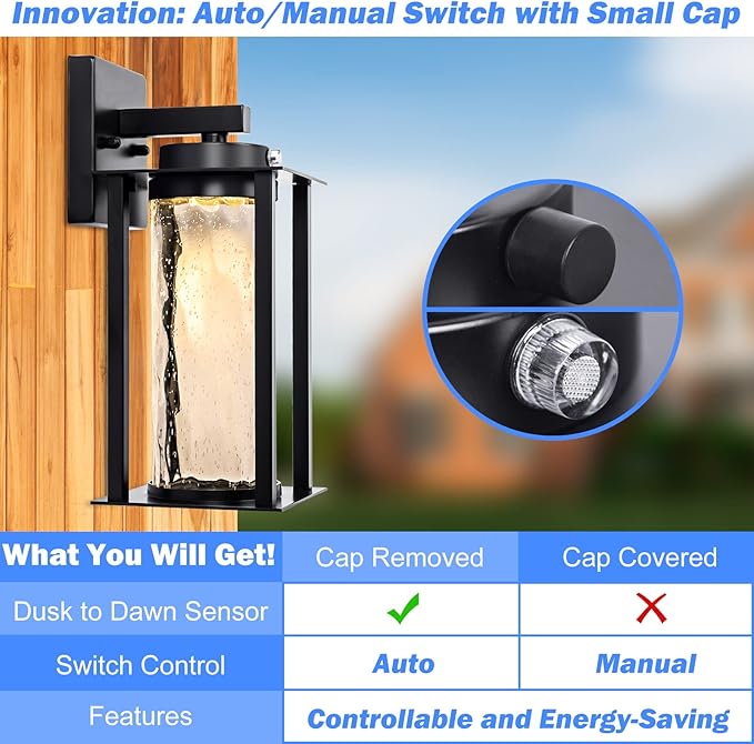 LED Dusk to Dawn Outdoor Light Fixtures - 2 Packs Modern Porch Lighting with Attractive Glass, 13W 3000K LED Exterior Sconce Wall Mount with Photocell Sensor for House Front Garage Door, Waterproof