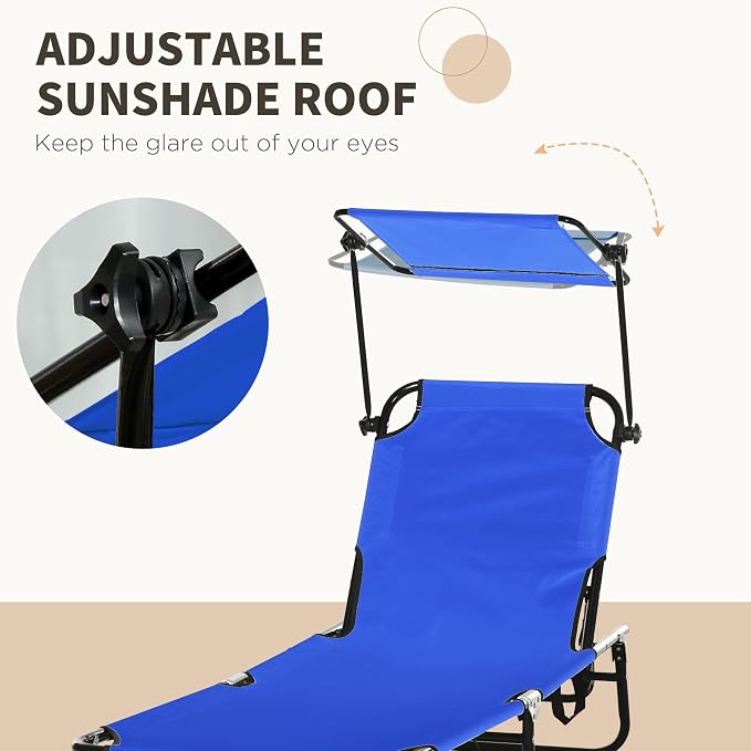 Outsunny Folding Chaise Lounge Chairs Outdoor Set of 2 w/Canopy Blue | Sun Tanning Chairs, Reclining Back, Steel Frame, Side Pocket, for Outside Beach Yard Patio Pool