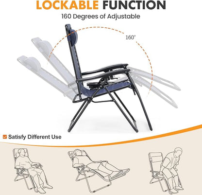 NEWBULIG Zero Gravity Chairs Set of 2, Lounge Chair Folding Portable Adjustable Camping Recliner with Adjustable Pollow, Mesh Back, Cup Holder Trays Lawn Patio Chair for Pool Beach