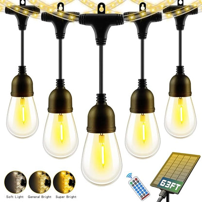 63FT Solar String Lights Outdoor Waterproof with USB Port & Remote Control Solar Patio Lights Long Last for 20+Hrs Dimmable Solar Power LED Shatterproof Bulbs solar lights for Camping Backyard Garden