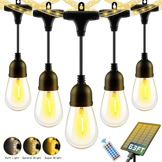 63FT Solar String Lights Outdoor Waterproof with USB Port & Remote Control Solar Patio Lights Long Last for 20+Hrs Dimmable Solar Power LED Shatterproof Bulbs solar lights for Camping Backyard Garden