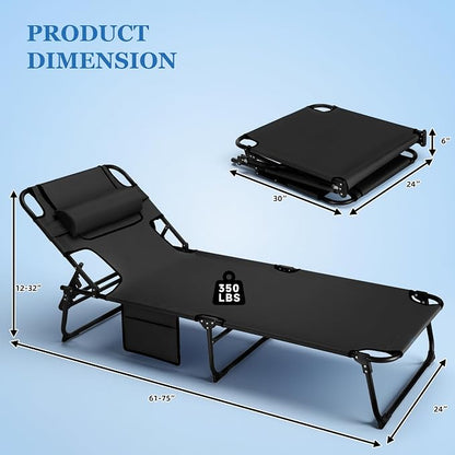 3-in-1 Sun Tanning Chair with Face Holes, Folding Chaise Lounge Chairs, 5-Position Adjustable Lounge Chair Outdoor with 2 Side Pocket & Pillow, for Pool Beach, Patio, Camping, Black