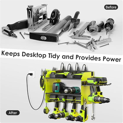CCCEI Modular Power Tool Organizer Wall Mount Charging Station, Green 6 Drills Holder with 8 Plug Power Strip 10FT, Garage Drill Battery Heavy Duty Metal Shelf, Utility Rack with Hooks, Side Storage.