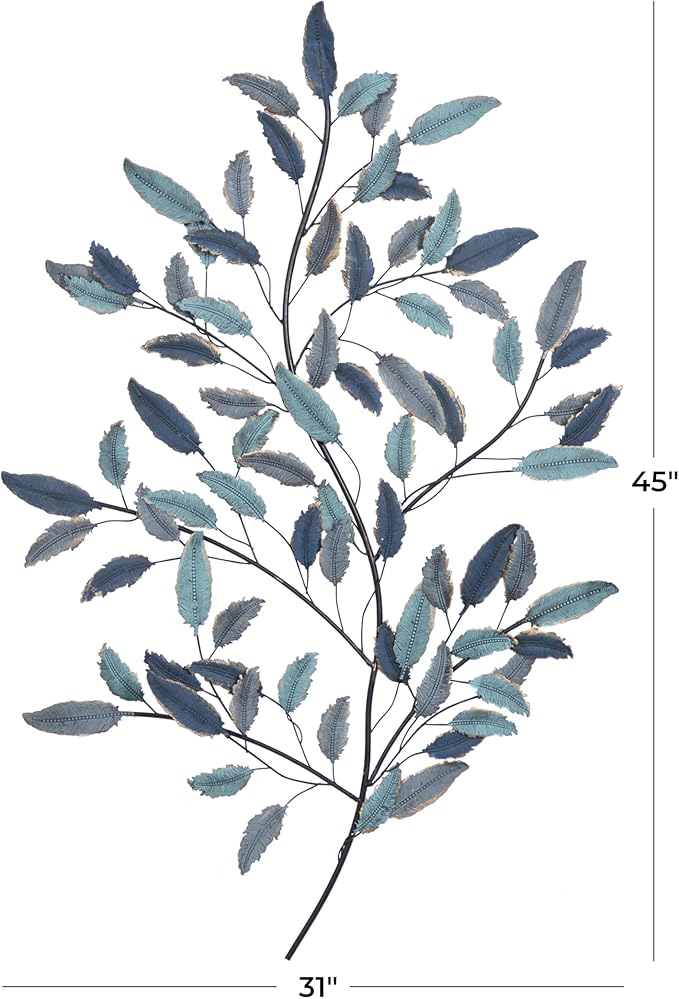 Deco 79 Metal Leaf Home Wall Decor Wall Sculpture with Black Stems, Wall Art 31" x 2" x 45", Blue