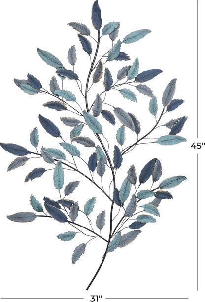Deco 79 Metal Leaf Home Wall Decor Wall Sculpture with Black Stems, Wall Art 31" x 2" x 45", Blue