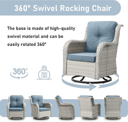 Wicker Patio Furniture-7 Pieces Rattan Patio Furniture Set Outdoor Patio Couch with Swivel Patio Chairs Ottomans and Coffee Table for Deck Poolside Backyard-Light Grey/Light Blue
