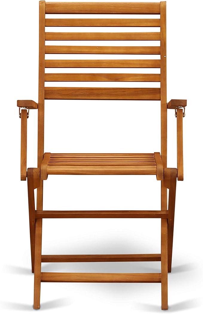 East West Furniture SEBS3CANA 3 Piece Folding Patio Bistro Sets Outdoor Set Contains a Square Acacia Wood Coffee Table and 2 Folding Arm Chairs, 26x26 Inch, Natural Oil