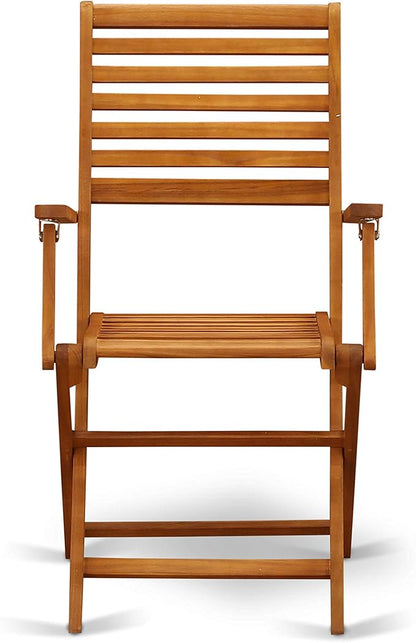 East West Furniture SEBS3CANA 3 Piece Folding Patio Bistro Sets Outdoor Set Contains a Square Acacia Wood Coffee Table and 2 Folding Arm Chairs, 26x26 Inch, Natural Oil