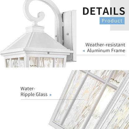 Darkaway 2pcs Large Outdoor Wall Lights for House, 18inch Exterior Lighting Fixtures Wall Mount White Outside Wall Sconce with Water Ripple Glass for Porch Patio Front Door