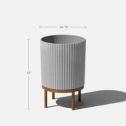 Veradek Demi Series Round Planter w/ Stand for Porch/Patio | Durable Plastic-Concrete & Wooden Stand | Modern Décor for Tall Plants, Flowers