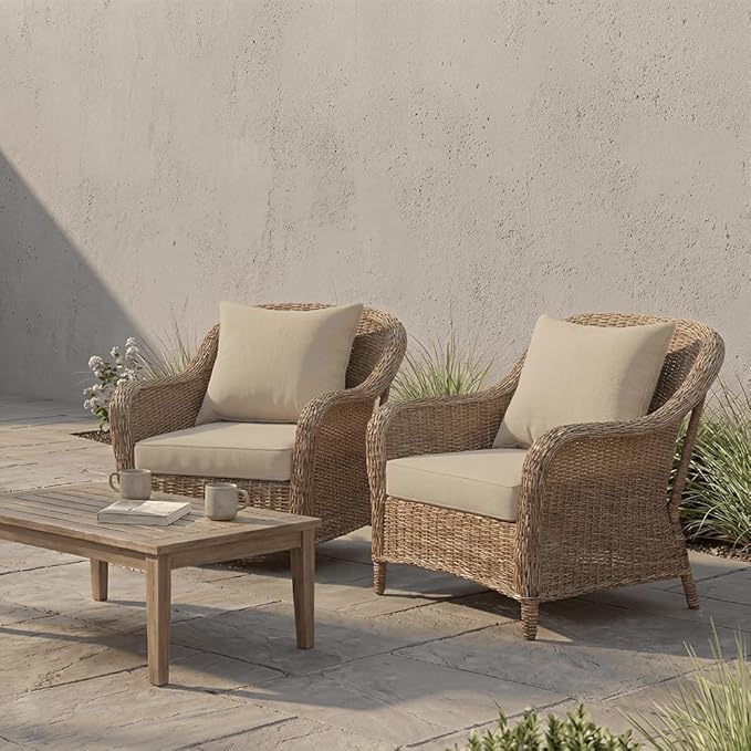 PatioGlow Outdoor Seat Cushion Set, 24" x 24" x 3.5", Set of 2, Water-Resistant & Fadeness Patio Furniture Cushions with Removable Cover & Ties, Thick Deep Seating Pads for Outside Sofa Couch, Khaki
