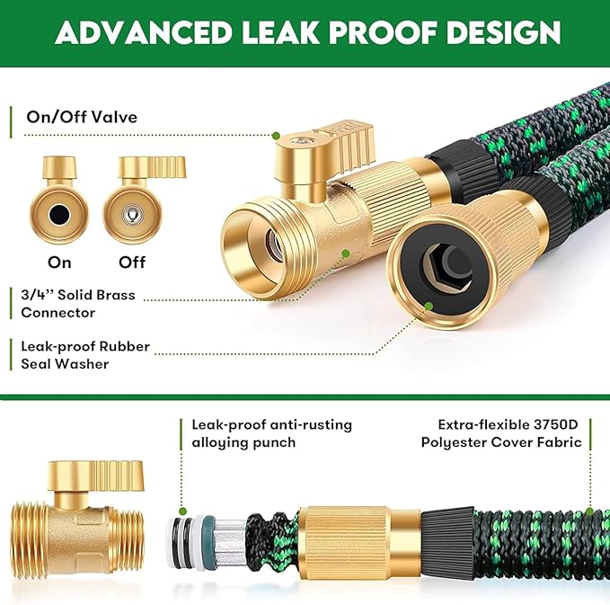 50 ft Expandable Garden Hose - Kink Free Flexible Water Hose with Thumb-Controlled 10-Function Nozzle, 3/4 Solid Connectors, Durable 3750D Fabric, 4-Layer Latex Core