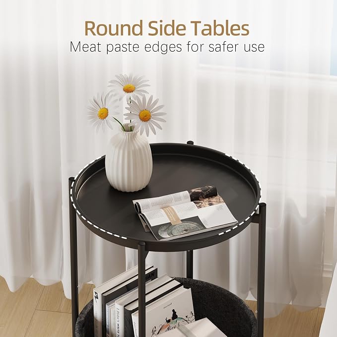 Garden 4 you Small Side Table, Mini Round End Table, Tray Table with Fabric Storage Basket, Modern Nightstand for Living Room, Bedroom, Patio, Small Space, Black