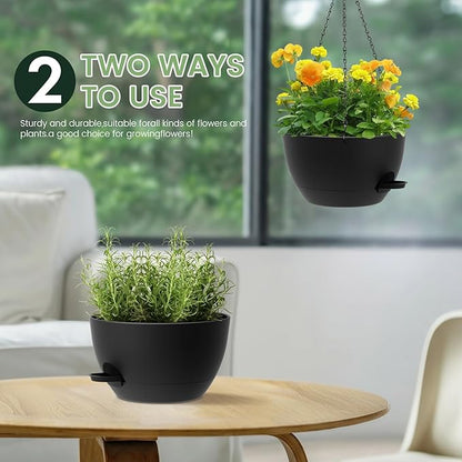 2 Pack 12 Hanging Flower Pots with Chains Self Watering Plastic Planters for Indoor Outdoor Plants, Sturdy Triangular Iron Chain Design for Garden PorchPlastic Hanging Flower pots (2, Black)