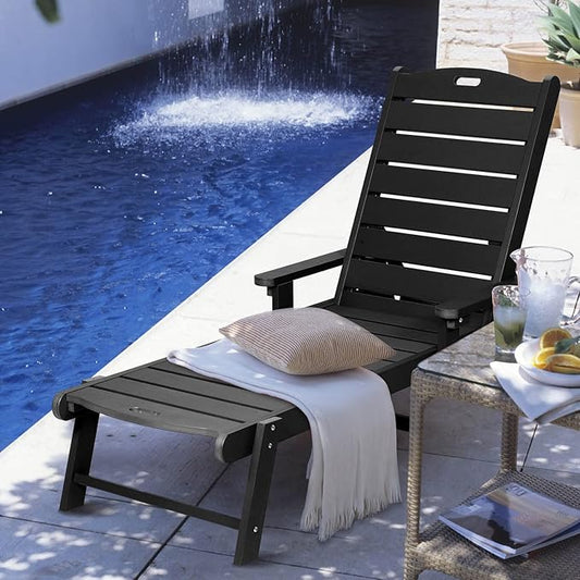 Lounge Chair, Chaise Lounge with 5-Level Adjustable Backrest and Pulley, Easy to Move, Supports Up to 350 lbs, All Weather Waterproof Outdoor Chairs for Patio, Pool, Porch Beach- Black