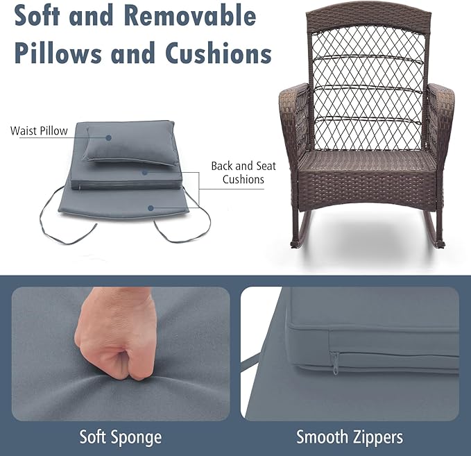 HAPPYGRILL 3 Pieces PE Rattan Rocking Bistro Set, Rocking Chairs with 2-Tier Coffee Table, Thick Pillows and Cushions, Outdoor Conversation Set for Porch, Garden and Poolside, (Gray)