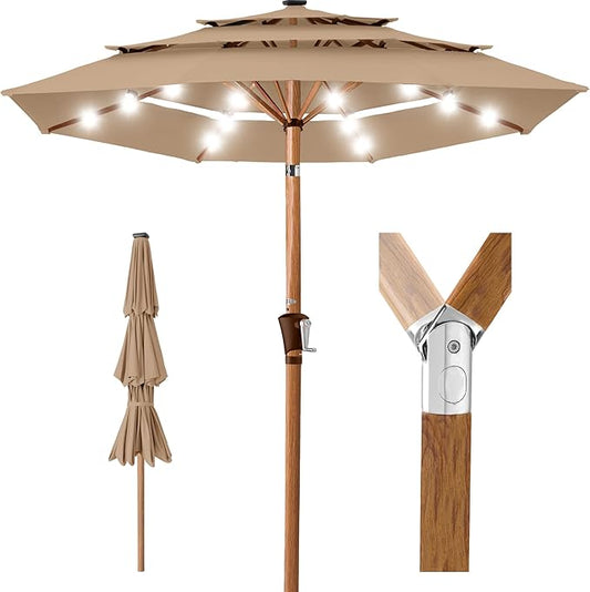 Best Choice Products 10ft 3-Tier Solar Patio Market Umbrella, Outdoor Sun Shade for Backyard, Deck, Poolside, Table w/Woodgrain Pattern, LED Lights, Tilt Adjustment - Tan