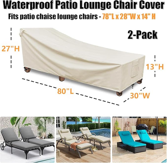 Chaise Lounge Cover Outdoor Waterproof - 2Pack, 600D Weather-Resistant Polyester UV-Resistant and Tear-Resistant Fabric, Patio Lounge Chair Covers 80" L x 30" W x 27" H, Beige