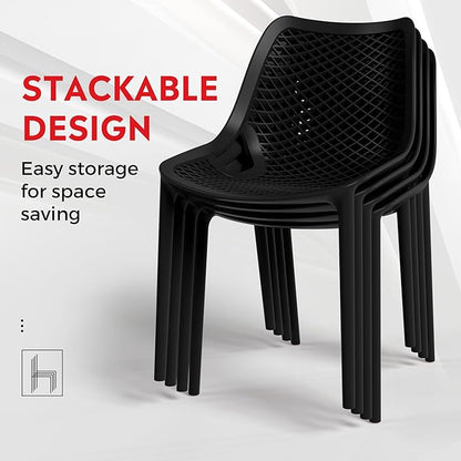 Costaelm Dining Table for 4 with Chair, HDPE Patio Round Dining Table and Stackable Chair, Outdoor Patio Furniture All Weather for Backyard Porch Poolside, Black