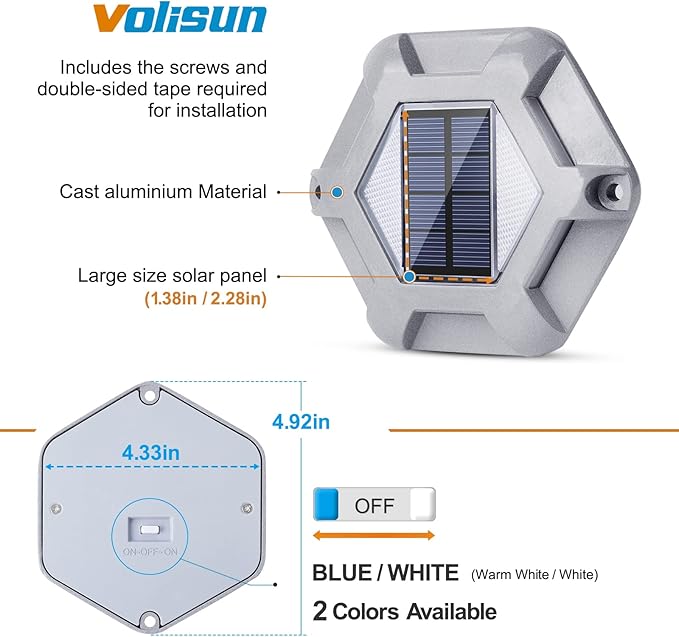 VOLISUN Solar Dock Lights - 16-Pack Waterproof Outdoor LED Aluminum Warning Step Lights for Driveway (Warm White & White, 2 Colors in 1)