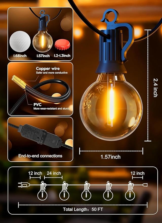 Brightown Outdoor String Lights, 55FT 25 G40 Bulbs Shatterproof IP65 Patio Lights,Dimmable Hanging Connectable Waterproof Globe LED Outdoor Lights for Backyard, Bistro,Deck