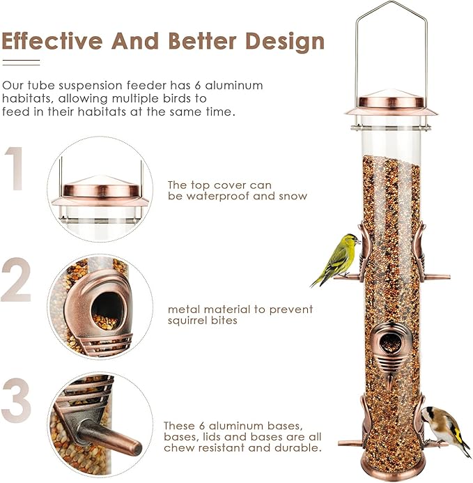 MIXXIDEA 1PK Metal Wild Bird Feeder,Squirrel Proof Bird Feeders for Outside,Hanging 6 Port Tube Bird Feeder,Finch Bird Feeder for Attracting Birds in Your Lawn, Garden, Balcony-Antique Copper