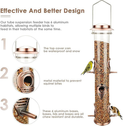 MIXXIDEA 1PK Metal Wild Bird Feeder,Squirrel Proof Bird Feeders for Outside,Hanging 6 Port Tube Bird Feeder,Finch Bird Feeder for Attracting Birds in Your Lawn, Garden, Balcony-Antique Copper