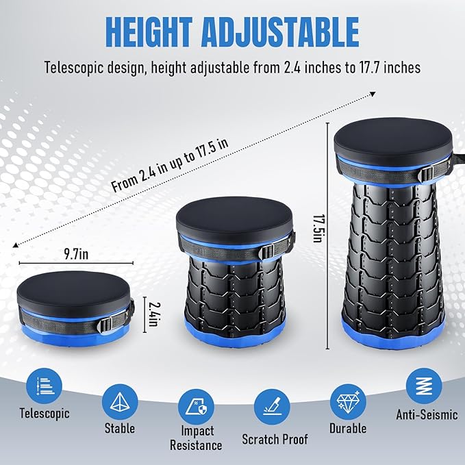 2026 Upgraded Collapsible Stool with Cushion, Portable Folding Stool for Adults Heavy Duty, Camping Stools for Outdoor Camping Travel Hiking Fishing, Adujstable Folding Chair Footrest，Blue