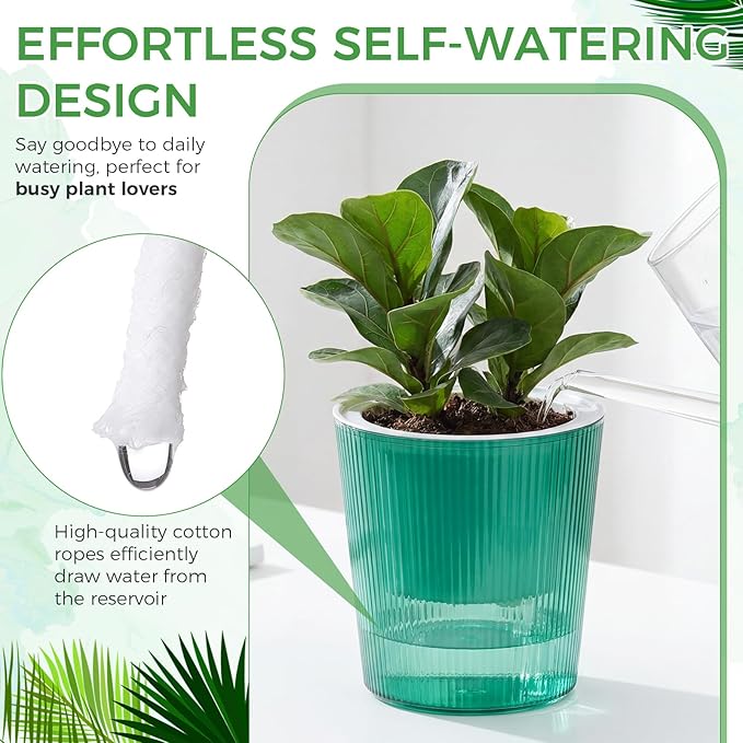 6 Pack Self Watering Pots for Indoor Plants Plastic Vertical Ribbed Semi Transparent Planters, Dual Layer Reservoir for Indoor Succulents Herbs Pothos(Green, White,4 x 4.3 Inch)