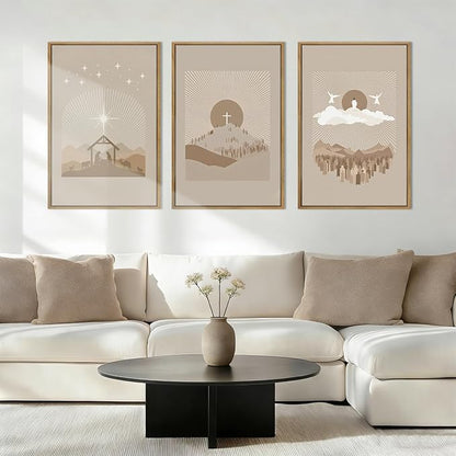 IARTTOP Extra Large Jesus Framed Wall Art 24x36 Inch Set of 3 Easter Brown Nativity Christian Canvas Wall Decor Grey Bible Verse Artwork for Church Living Room Bedroom