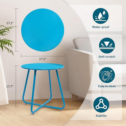 Patio Small Side Table Waterproof Round Metal Steel Weather Resistant Portable Outdoor and Indoor End Table for Garden Balcony Yard,Sky Blue(2 PCS)