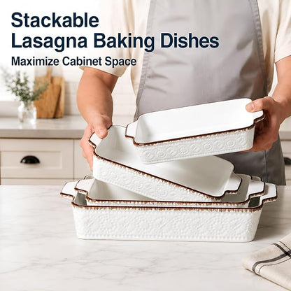 ONEMORE Casserole Dishes for Oven, Ceramic Baking Dish Set of 4, Non-Stick Lasagna Pans with Handles, Rectangular Bakeware Set for Cake, Roasting, Broiling, Gratin, Banquet, Microwave & Dishwasher Safe(3.8/2.6/1.7/1.1 Qt) (White 01)