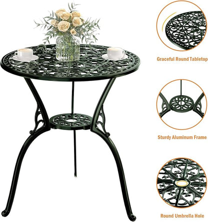 Patio Bistro Set of 2, Cast Aluminum, Outdoor Set w/Umbrella Hole, 3 Piece Table and Chairs Set, Bistro Set for Backyard/Garden/Lawn, Green